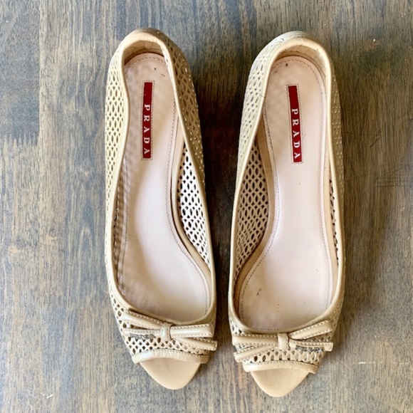 Prada Bow Peep Toe Cork Wedges - Picture 7 of 8